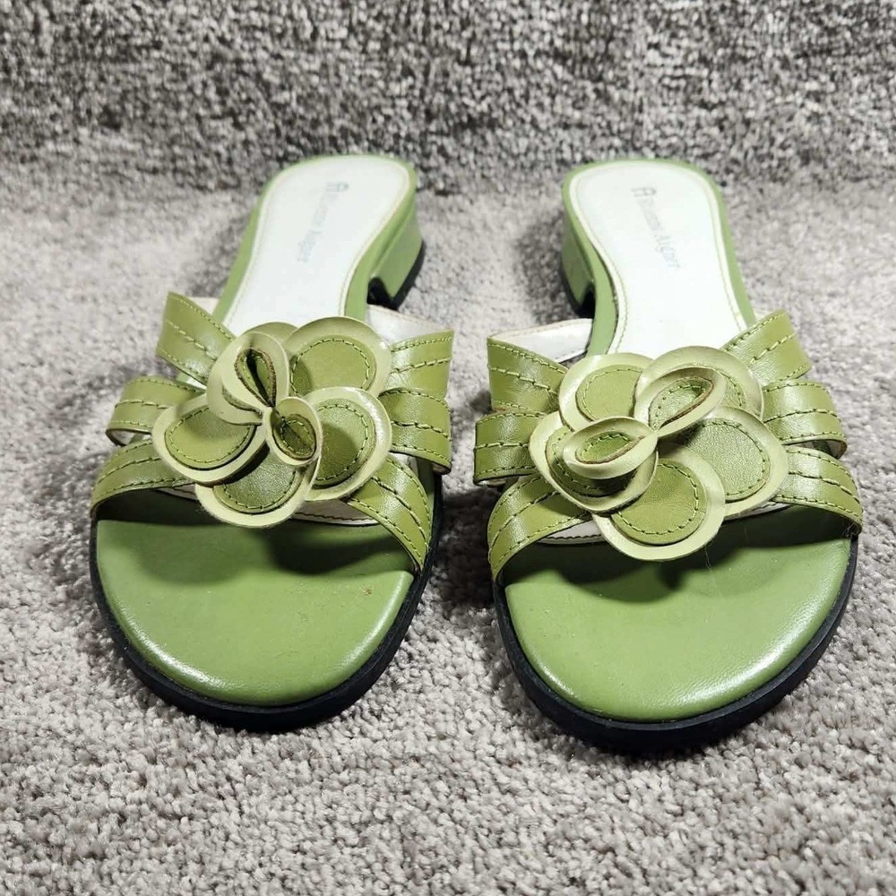Etienne Aigner Helga Sandals Green Leather Floral Slide Low Block Heel Womens 7 - Picture 2 of 10